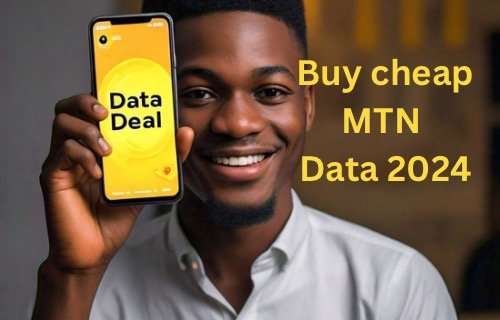 How and where to buy cheap MTN data in 2024 a picture of a young nigerian guy smiling and holding a phone phone screen with yellow interface and data deal written on it