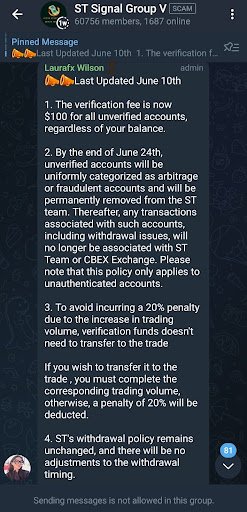 A screenshot from Telegram showing the CBEX's updates to users