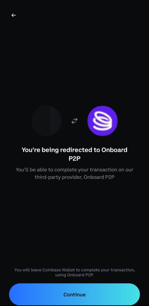 The Coinbase Wallet app is redirecting the user to Onboard P2P