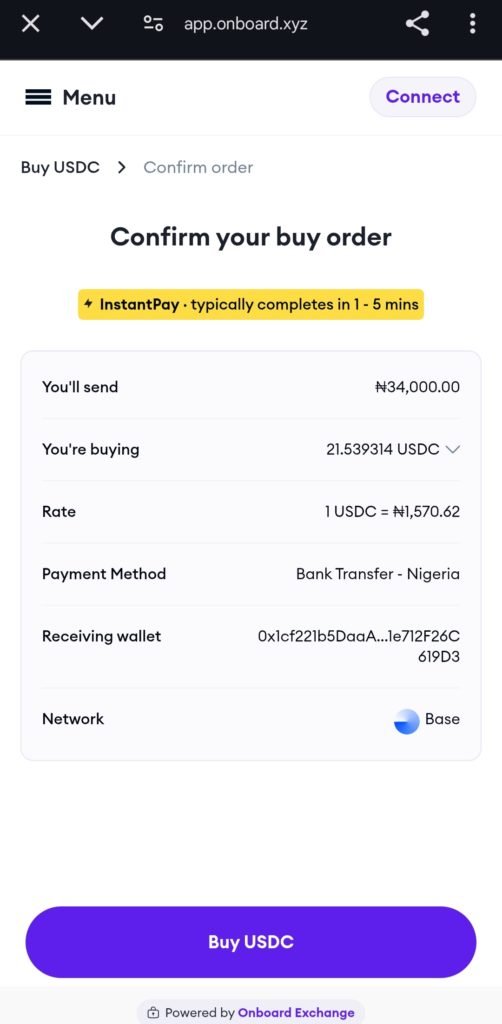 P2P rate for buying ₦34,000 worth of USDC on Coinbase Wallet via Onboard; it incurred a 2.2% exchange loss.