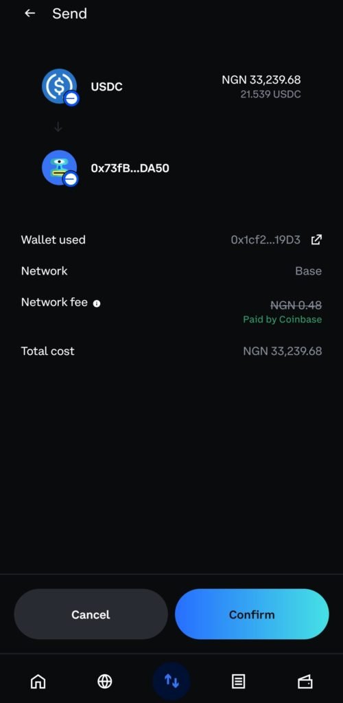 Coinbase Wallet waived the fee for this USDC transaction on the Base network