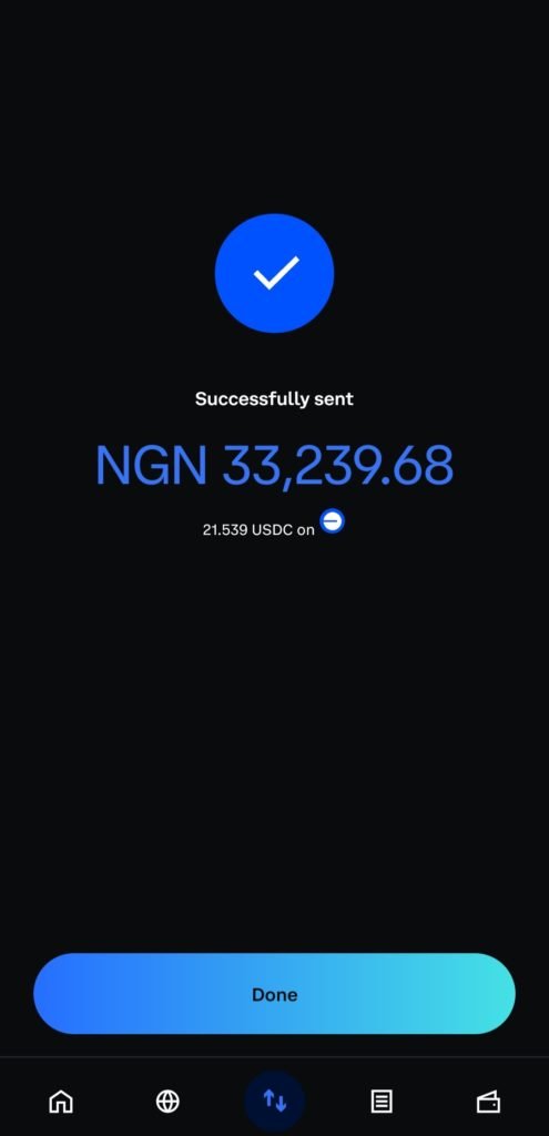 The user successfully purchased USDC on Coinbase Wallet