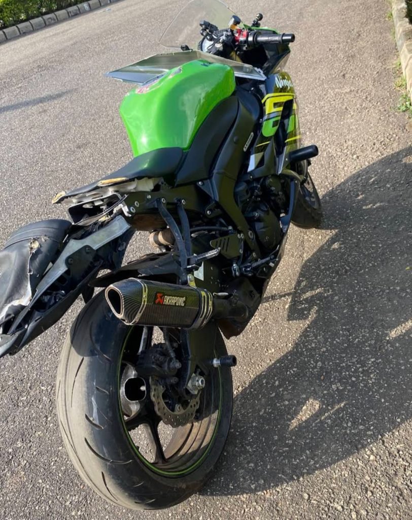 Fakorede’s Kawasaki Ninja superbike after the accident