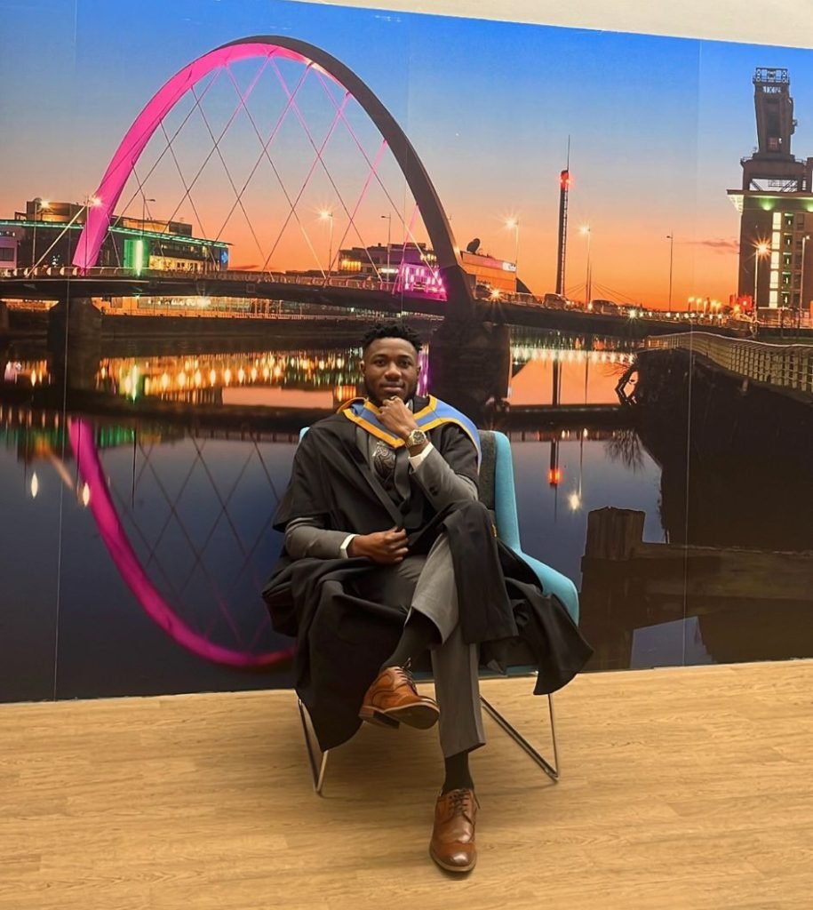 Leke Ariyo wearing a graduation gown after completing his Machine Learning master's study from the University of Strathclyde, Glasgow