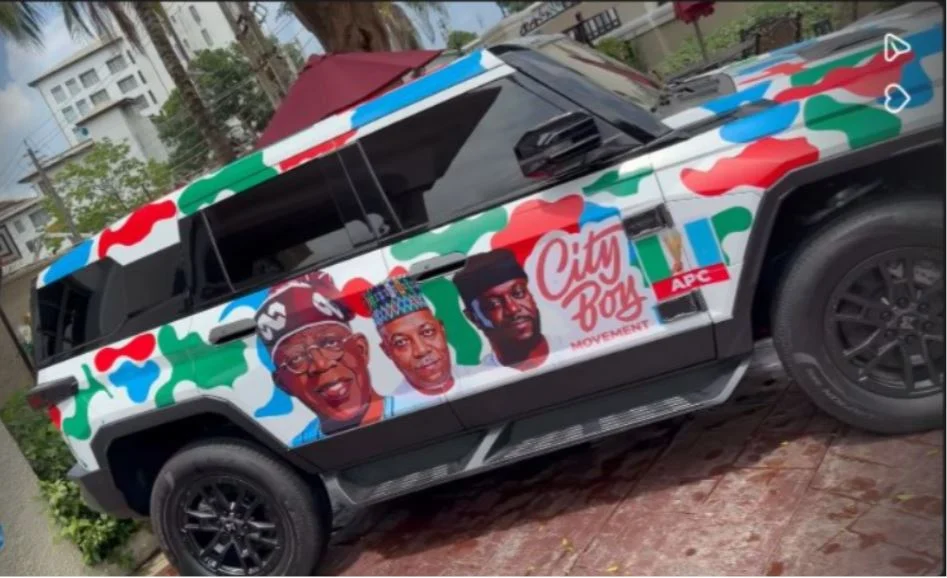 Cubana Chief Priest flaunts branded luxury vehicles for Tinubu's re-election campaign.