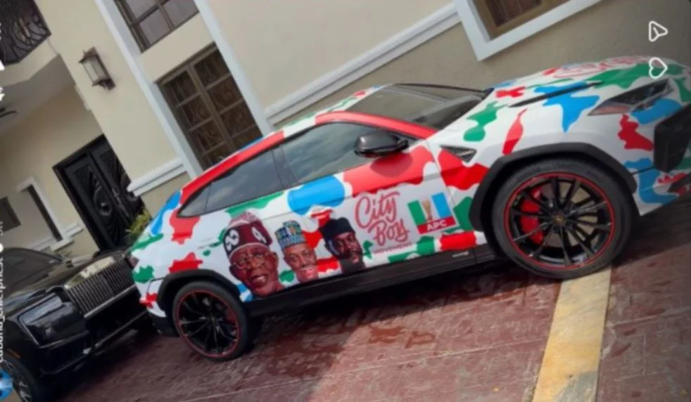 Cubana Chief Priest flaunts branded luxury vehicles for Tinubu's re-election campaign.