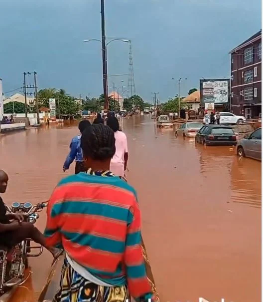 Pedestrians walk on road media as flood takes over Nsukka road, Enugu.